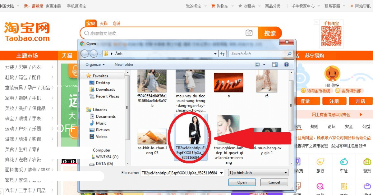 Tìm kiếm sản phẩm trên gian hàng Taobao