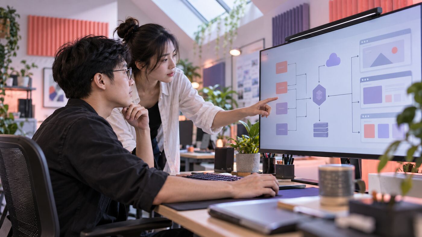 Góc làm việc minh họa chủ đề công ty thiết kế website bằng Next.js